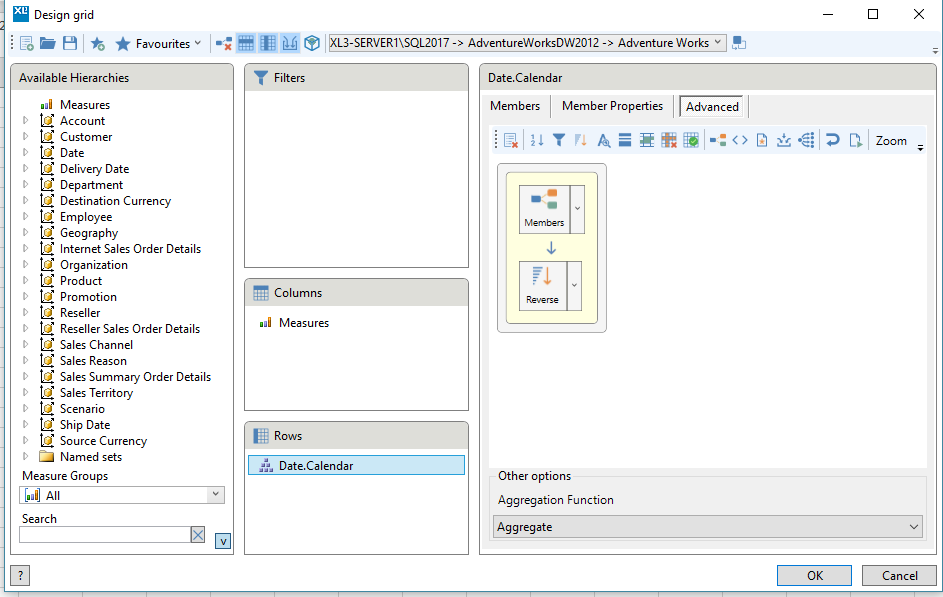 Grid designer showing member selection being sorted in reverse