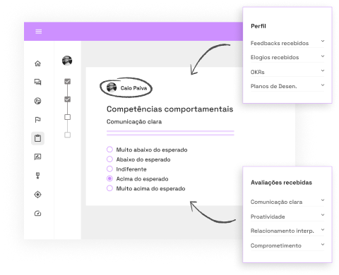 A interface da plataforma Qulture.Rocks com uma avaliação de desempenho sendo preenchida medindo o nível de entrega do Caio Paiva para a competência Comunicação Clara.