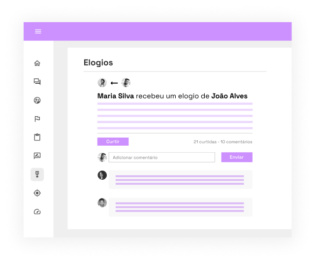 O mural de elogios da Qulture.Rocks mostra que a Maria Silva recebeu um elogio do João Souza, 2 colaboradores de uma empresa. É possível curtir o elogio e comentar, como em um post do Facebook.