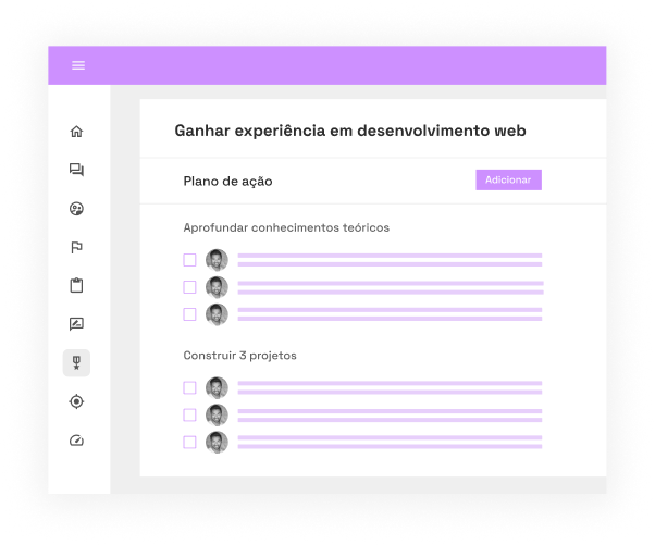 Nova área de desenvolvimento Ganhar experiência em desenvolvimento web criada. Dentro dela, dois planos de ação distinto criados. Dentro deles, um checklist de ações.