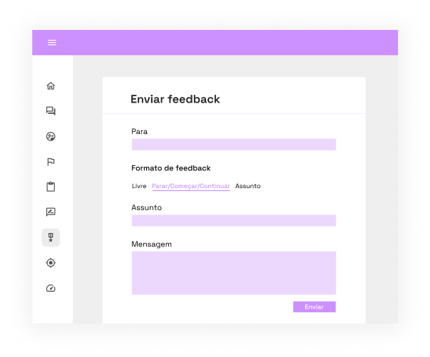 Uma interface da plataforma da Qulture.Rocks que mostra como é possível enviar um feedback a alguém, selecionando a pessoa no campo para, selecionando o formato do feedback e escrevendo a mensagem.
