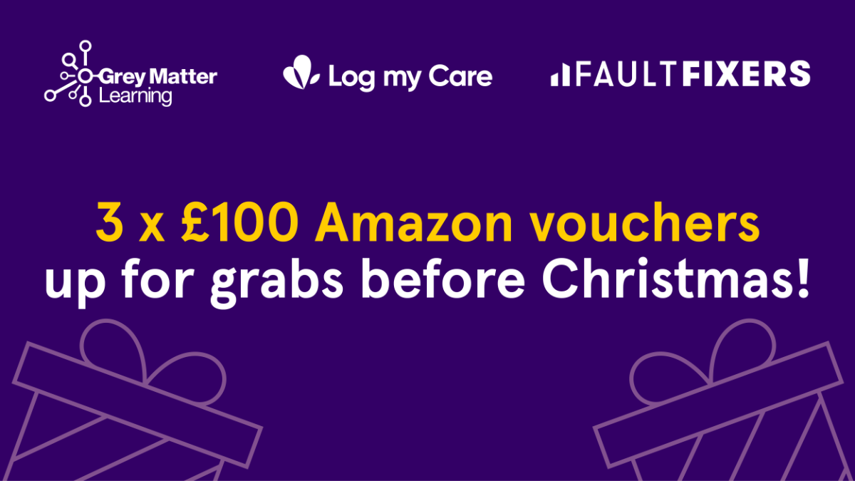 The words '3 x £100 Amazon vouchers up for grabs before Christmas' in white and yellow on a purple background, with the outline of two present boxes sitting under the text.