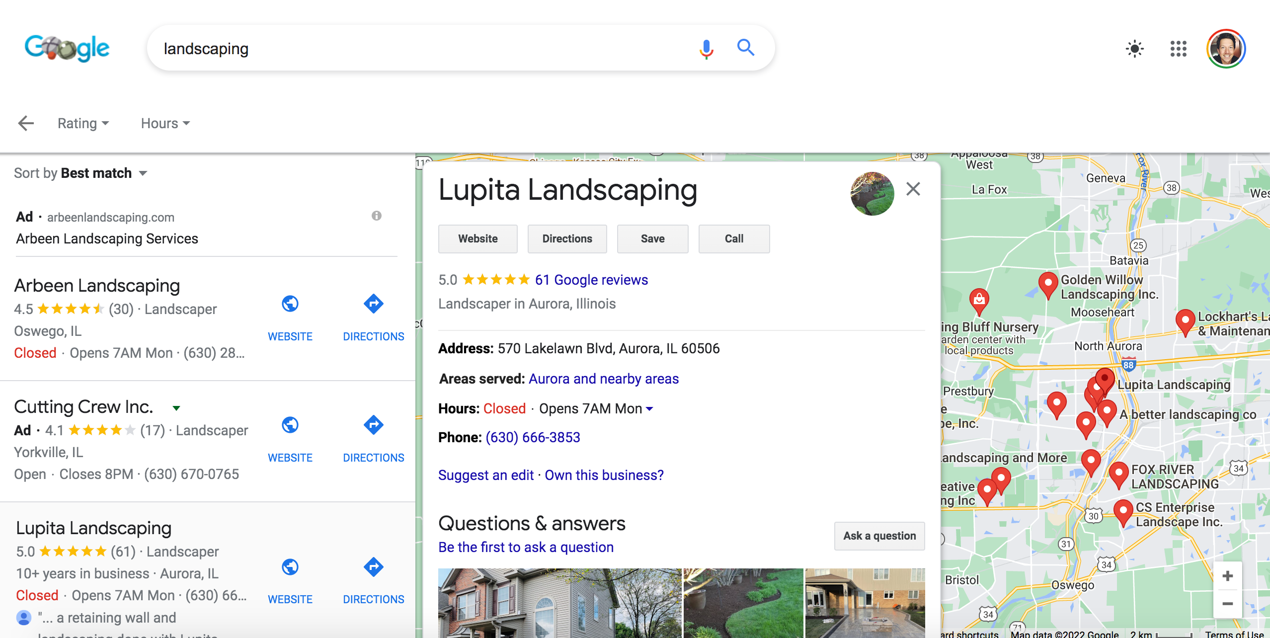 landscaping reviews on a google business page