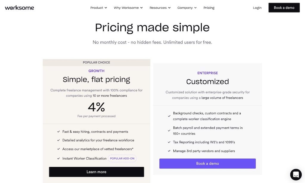 Worksome's pricing page