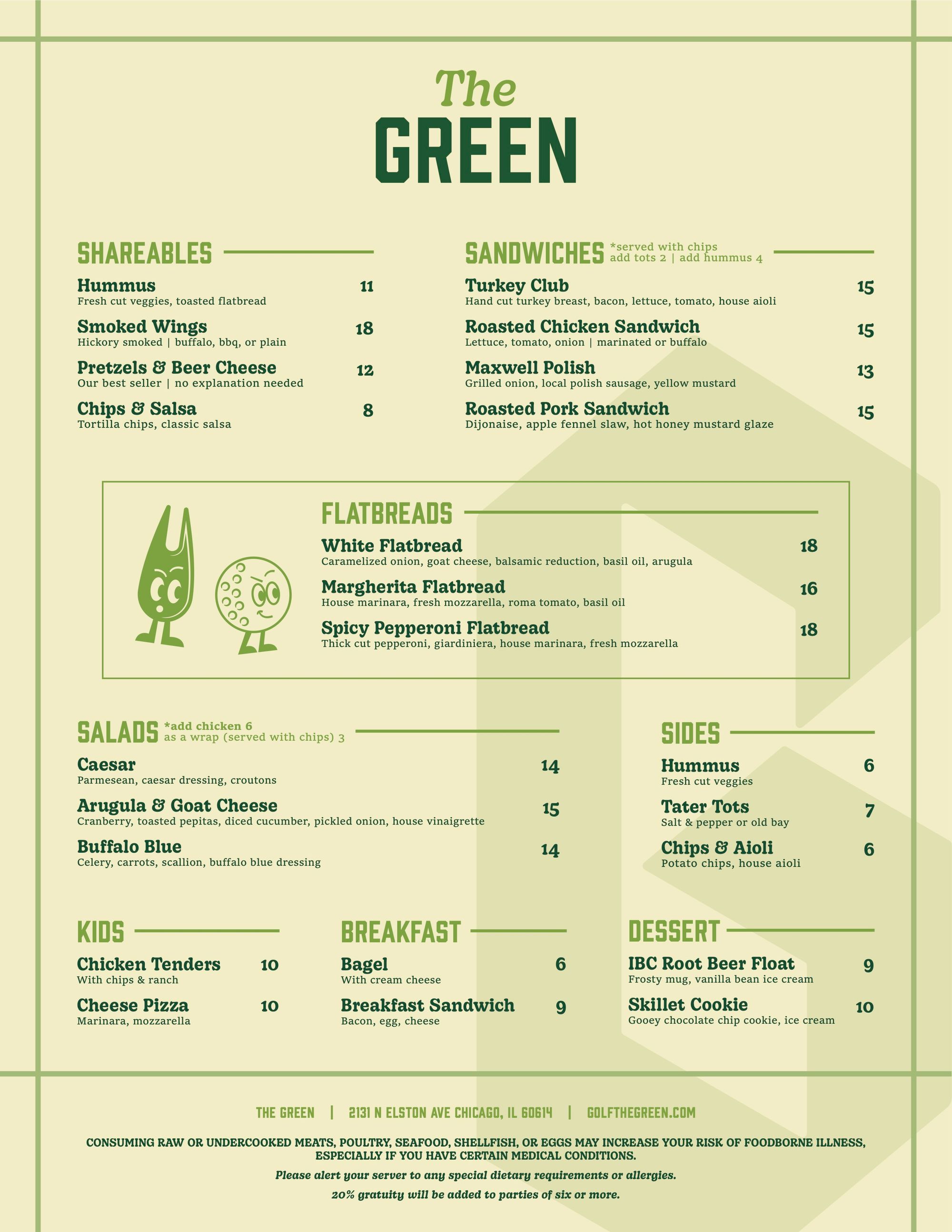 Enjoy Gourmet Dining The Green's Food & Drink Menu
