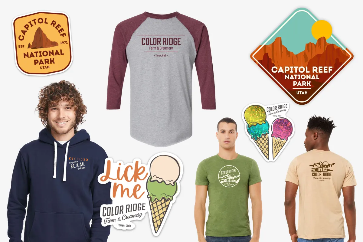 A collage of t-shirts and sticker for sale.