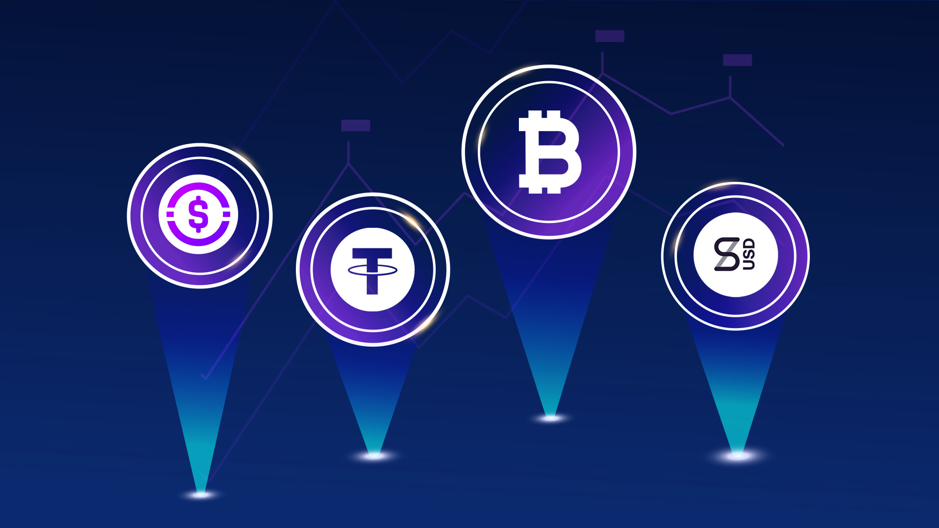 Bitcoin stablecoin logos against a blue background