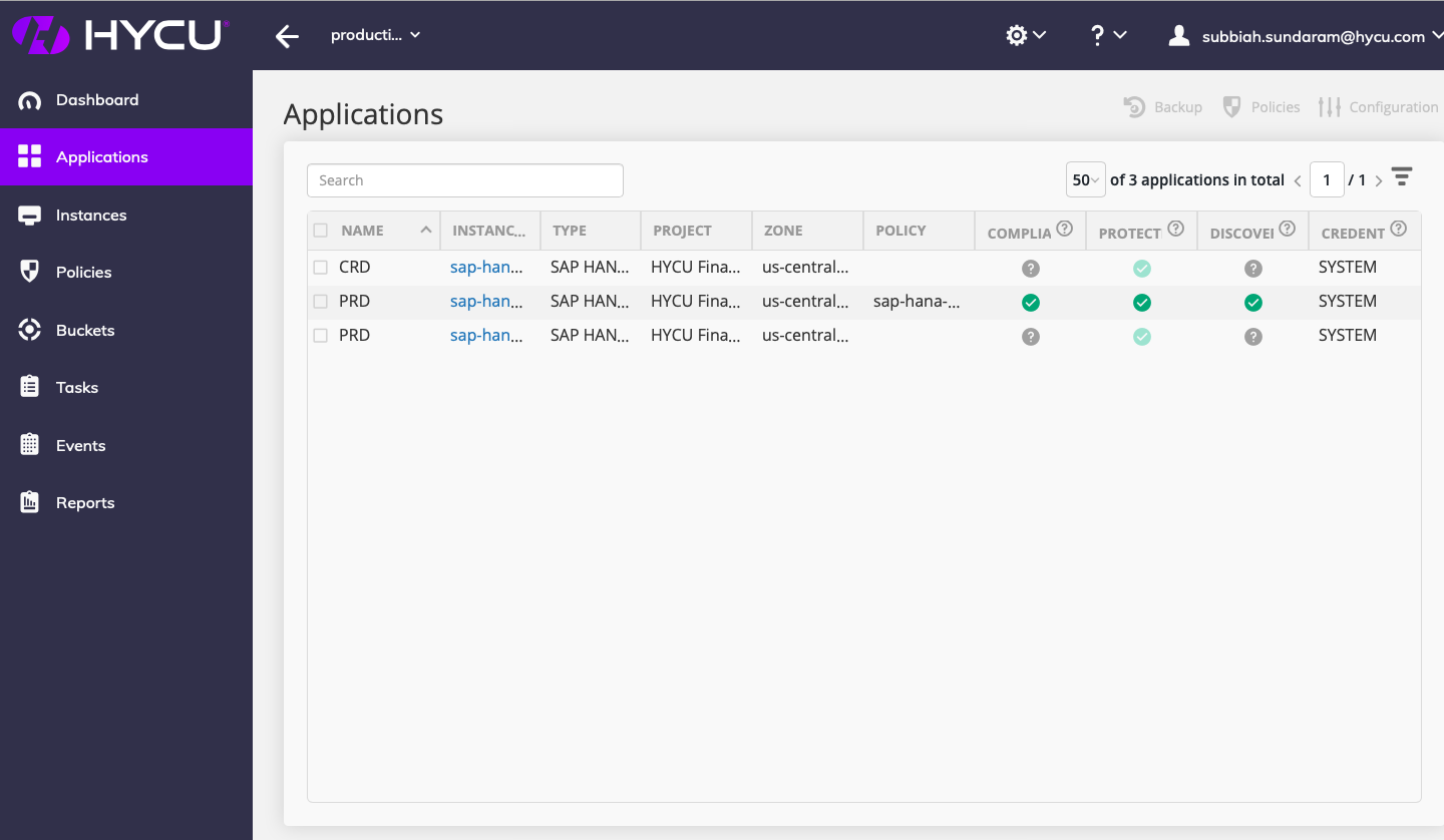 HYCU for Google Cloud SAP HANA Management Dashboard