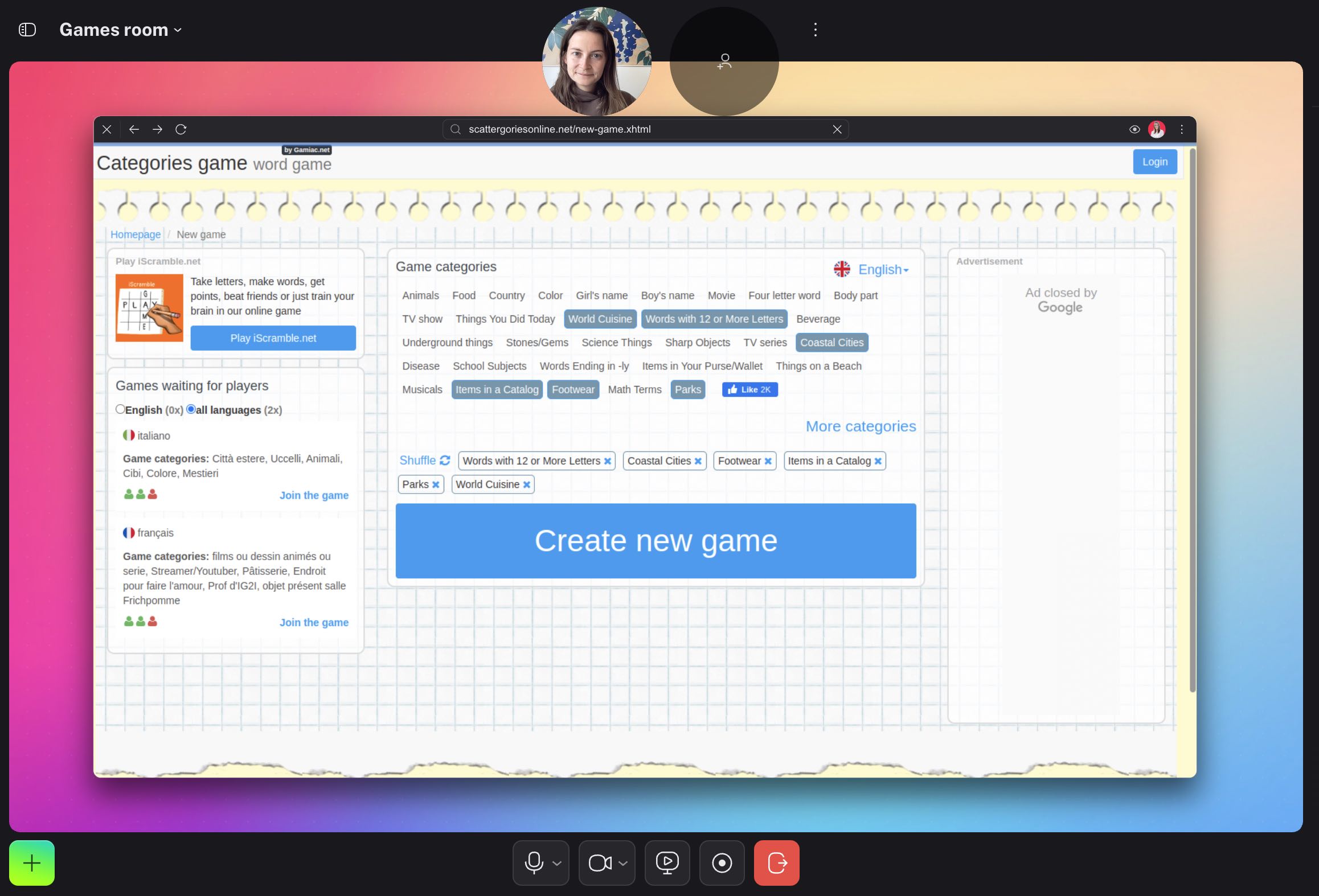 Game of Scattergories within a Switchboard room