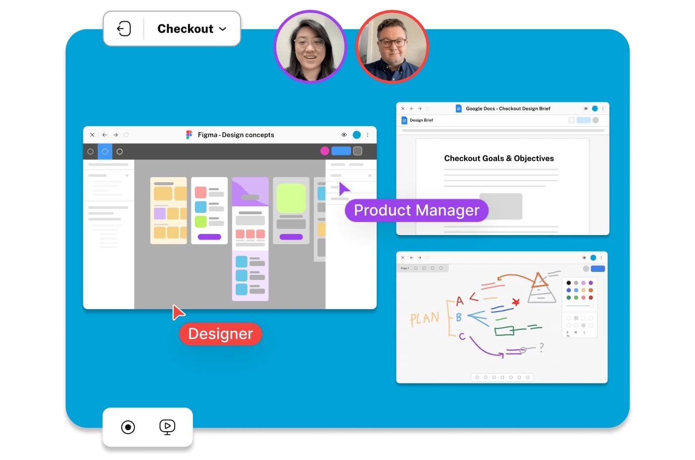 Figma, Google Docs, and a virtual whiteboard open in Switchboard