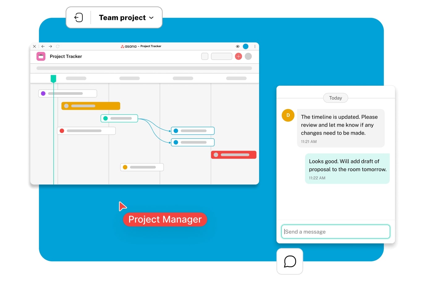 Switchboard room with project management apps and chat. 