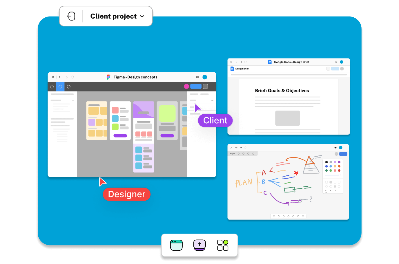 Switchboard design critique room with apps and people, including a whiteboard.