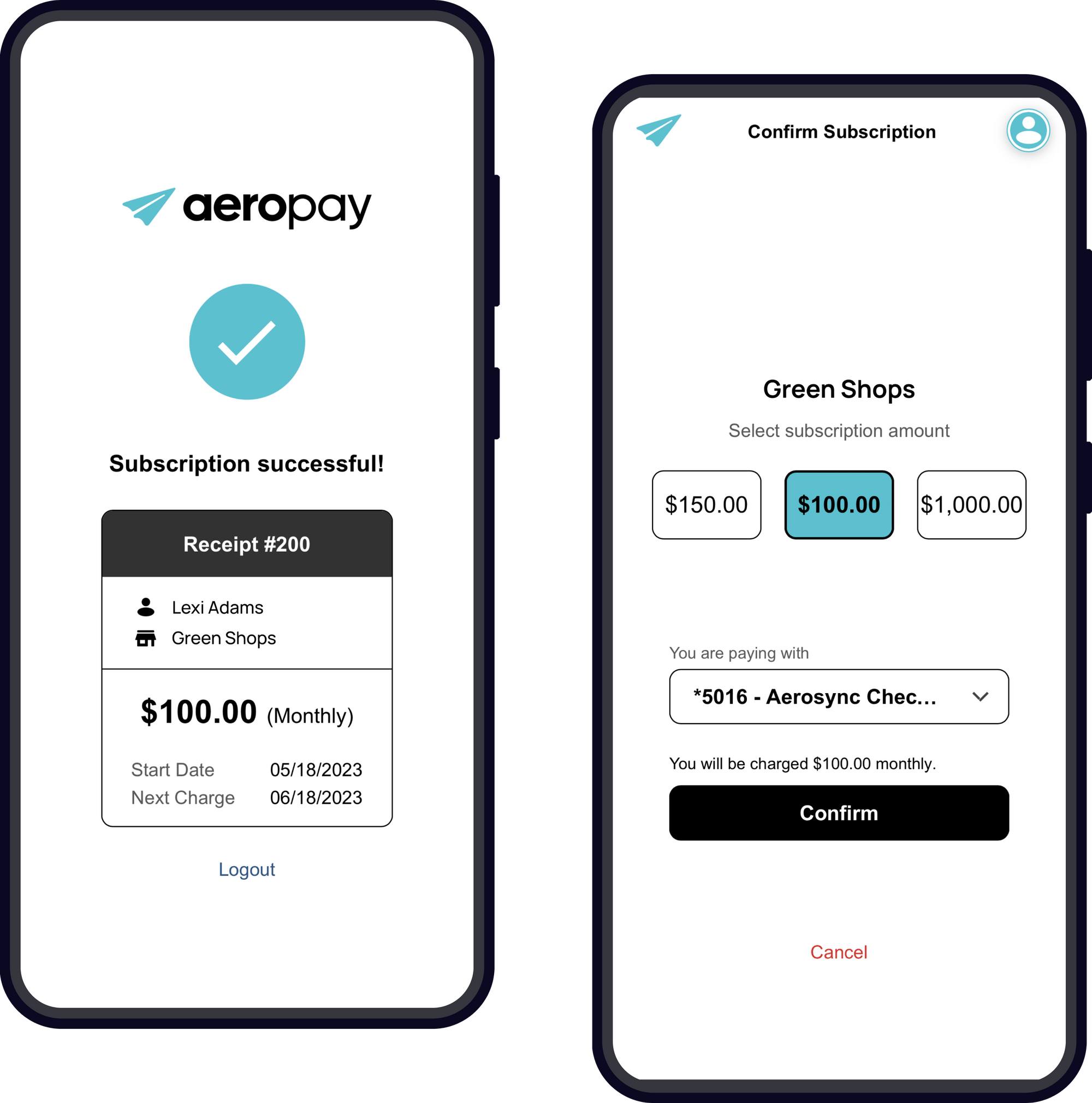 Aeropay Products Subscriptions Widget
