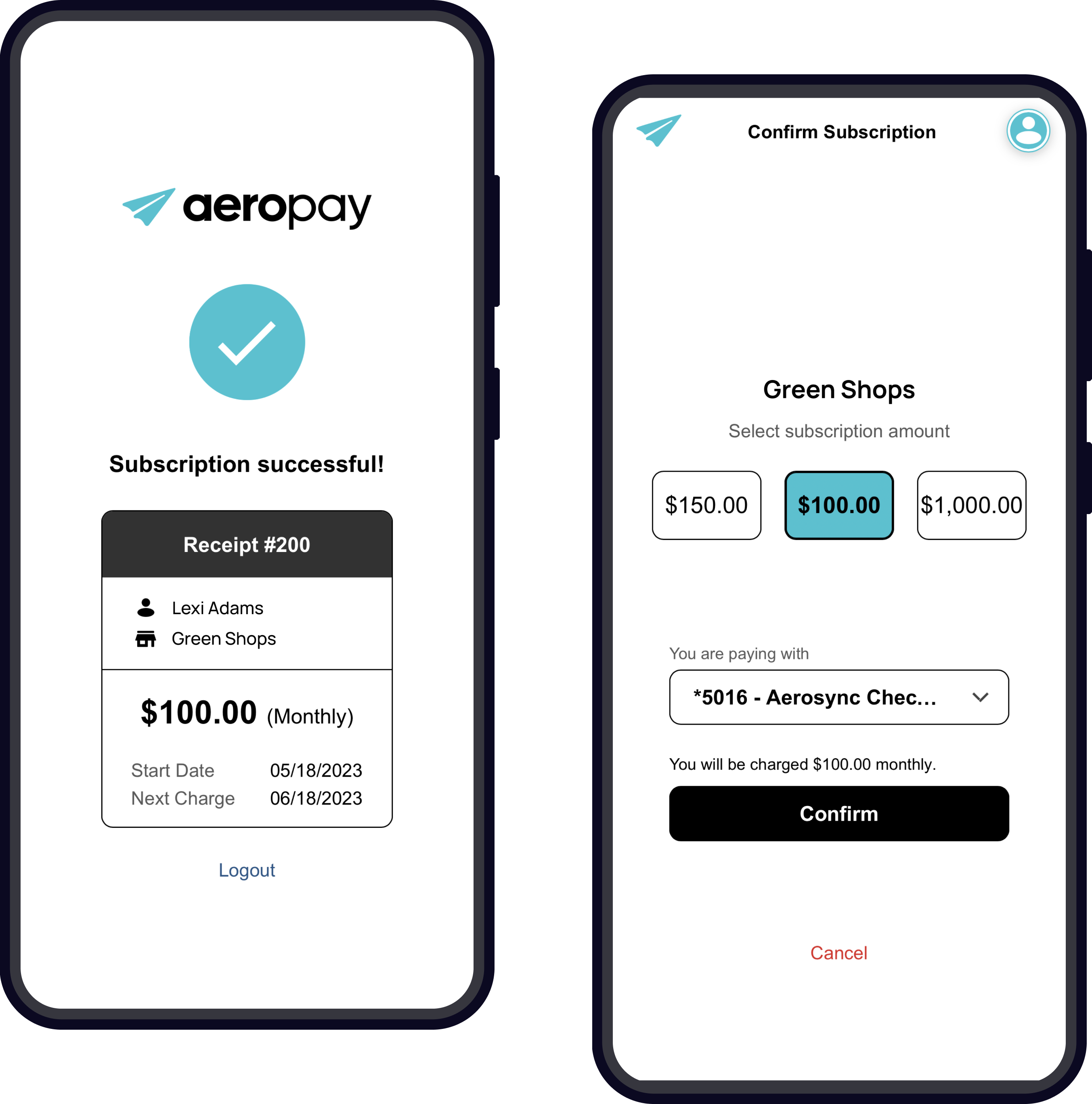 Aeropay Products Subscriptions Widget