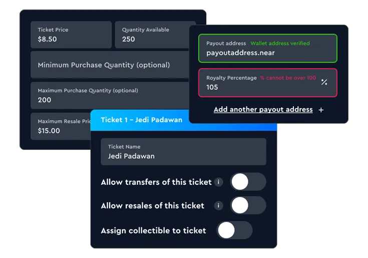 Ticket parameters and royalty split