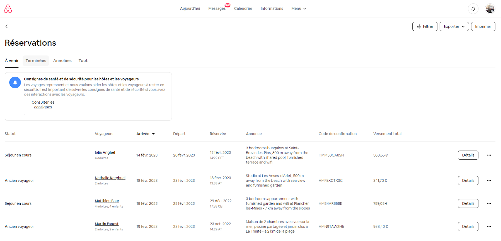 Airbnb, Mon compte Mes réservations