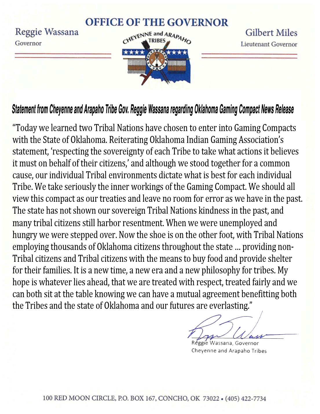 Statement from Cheyenne and Arapaho Tribe Gov. Reggie Wassana regarding Oklahoma Gaming Compact