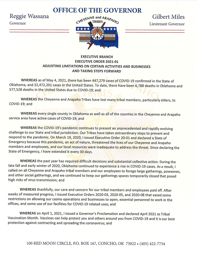 Executive Order 202101 Adjusting Limitations on Certain Activities and