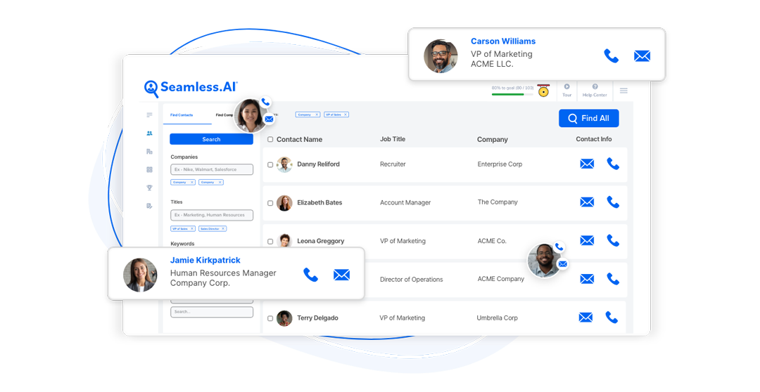 Stylized Seamless.AI platform with contact card overlays.