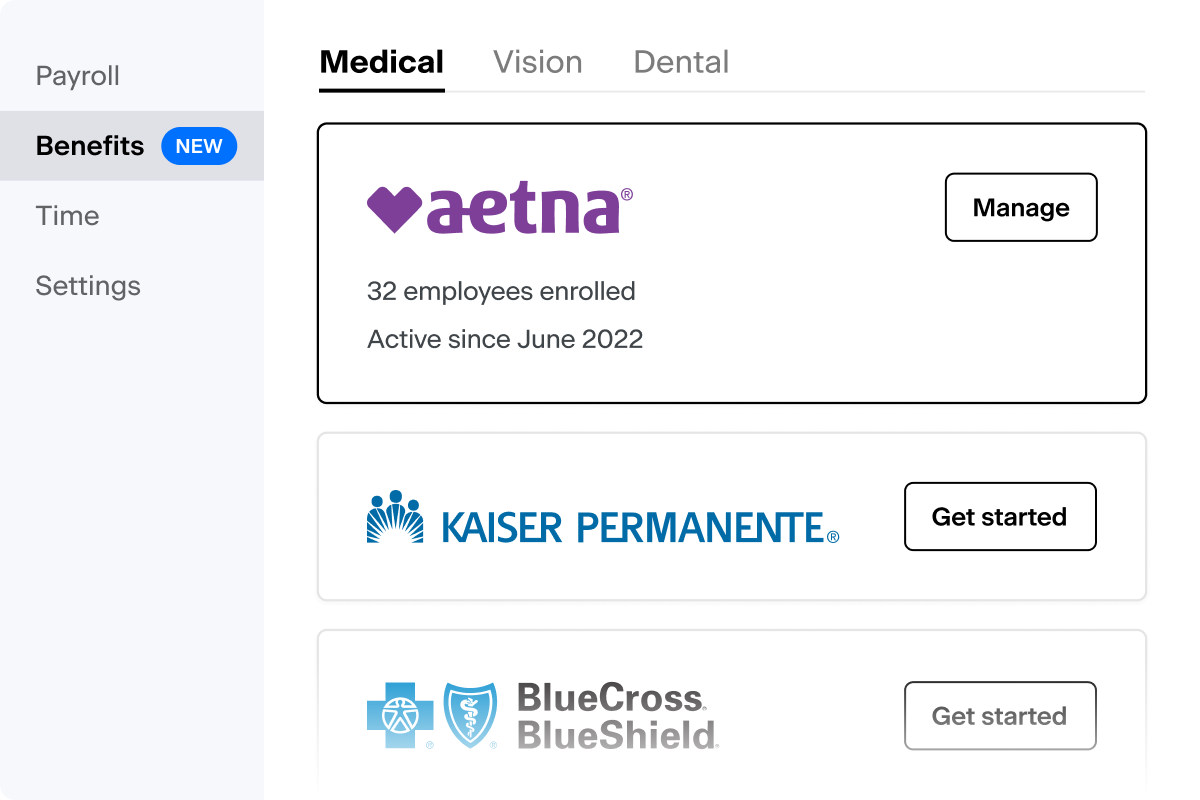 Benefits platform with three tabs inside - Medical, Vision and Dental
