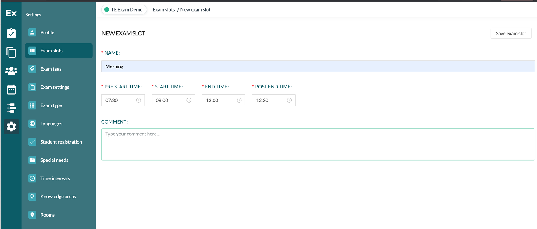 Image of exam slot setting from Exam 