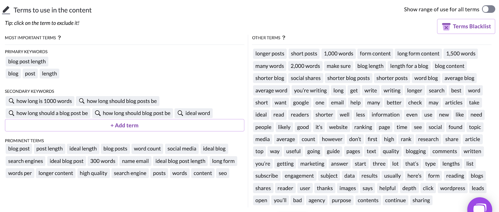 keyword suggestions in surfer content editor