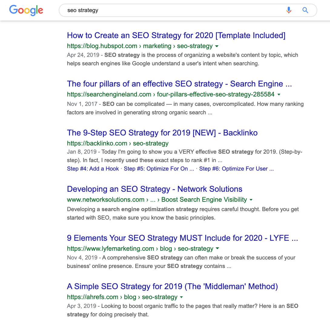 SERP for "seo strategy" in the US