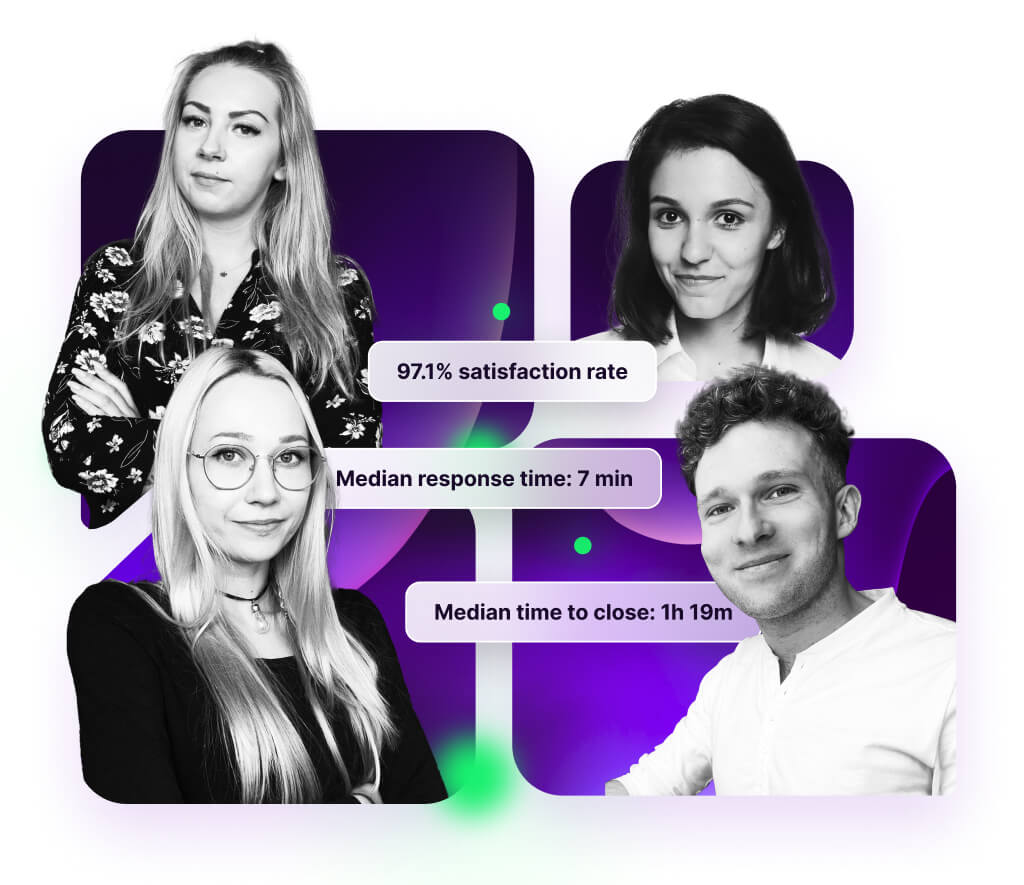 Photos of four employees from the support team. and a description that they solve problems efficiently and quickly.
