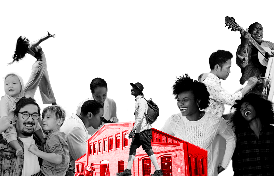 A group of people cut out and collaged into one photo: A person holding children, a person posing, a person holding a guitar, two people laughing, a person walking in front of The Foundry, two people looking through a microscope, and a red Foundry building in the center.