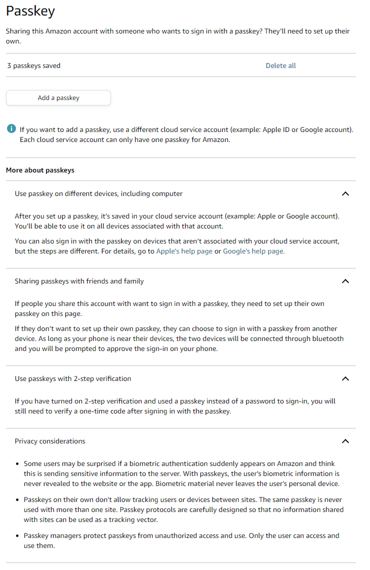 Amazon passkeys response to consumer demand with poor implementation