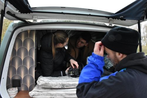 preparing a shot filmed from a car