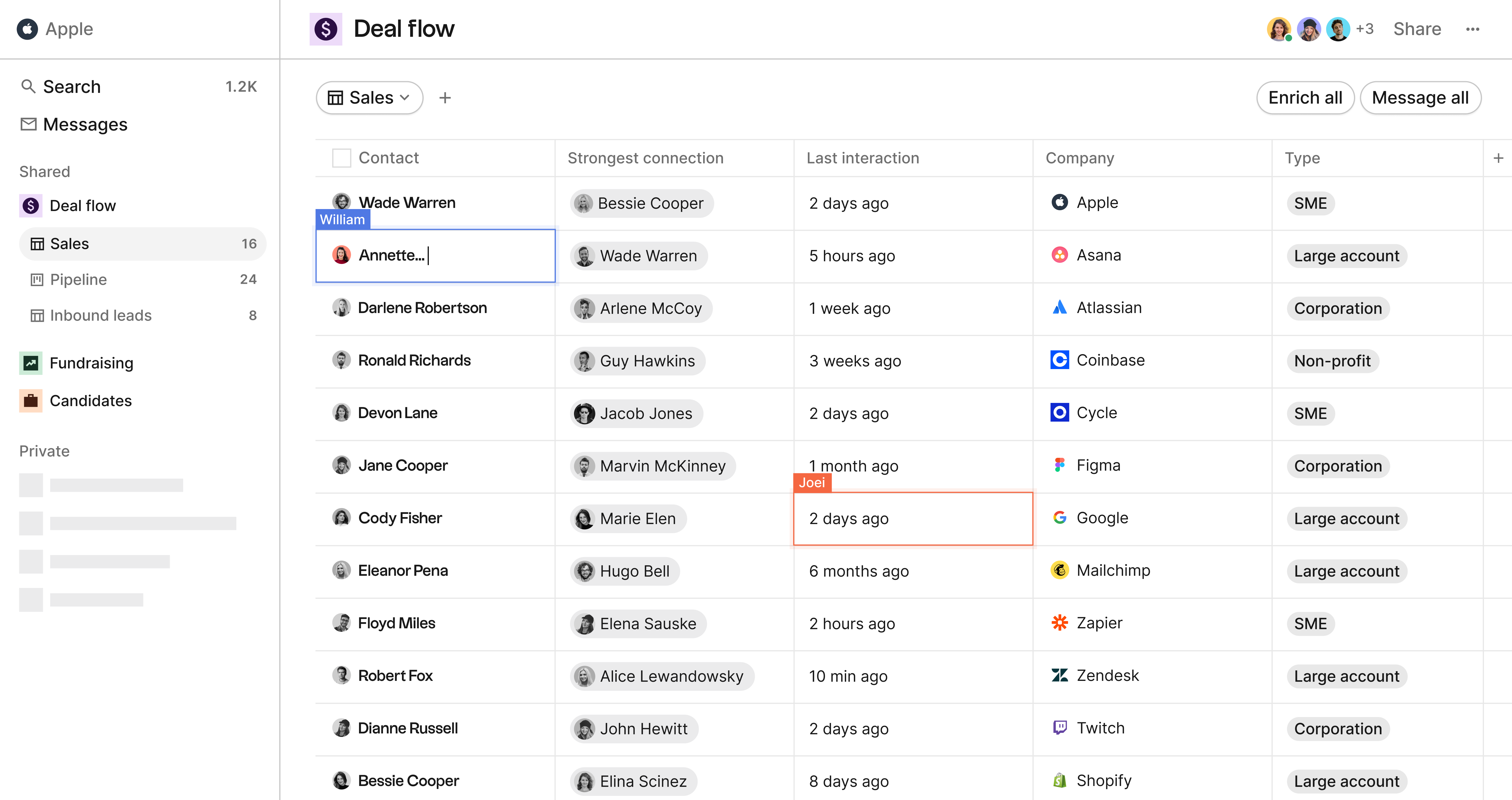 A table view of a Deal Flow CRM in folk