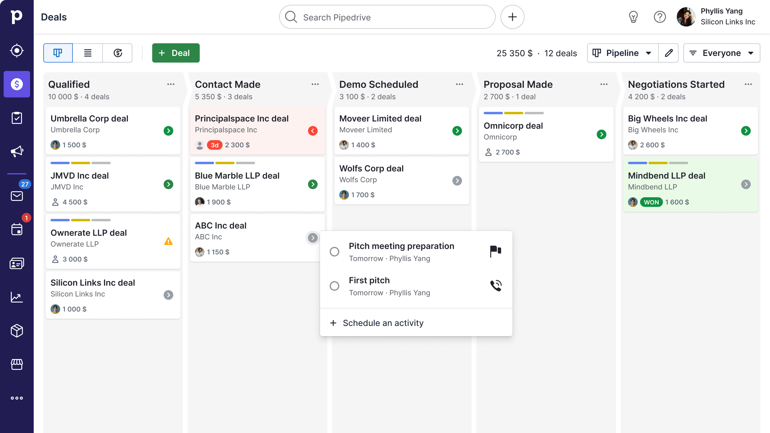 Pipedrive CRM deals pipeline view