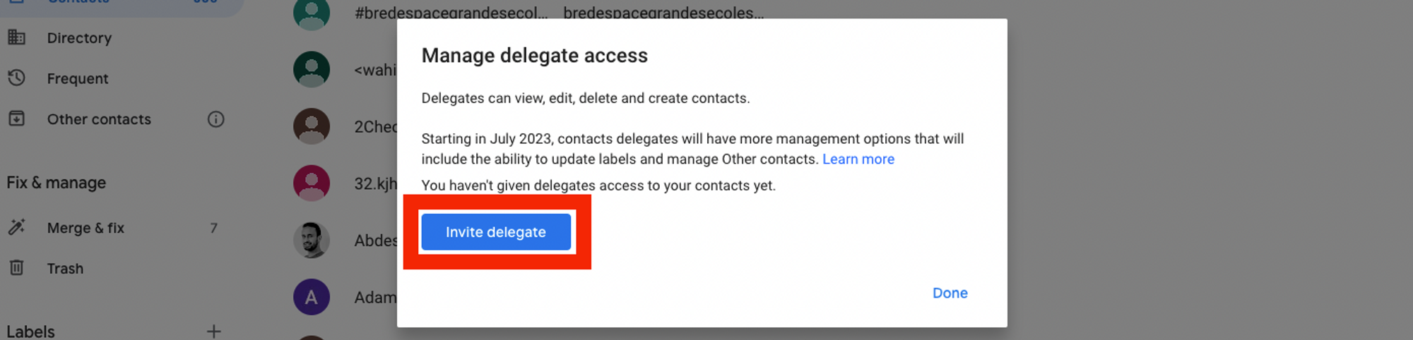 Delegate access on Google contacts