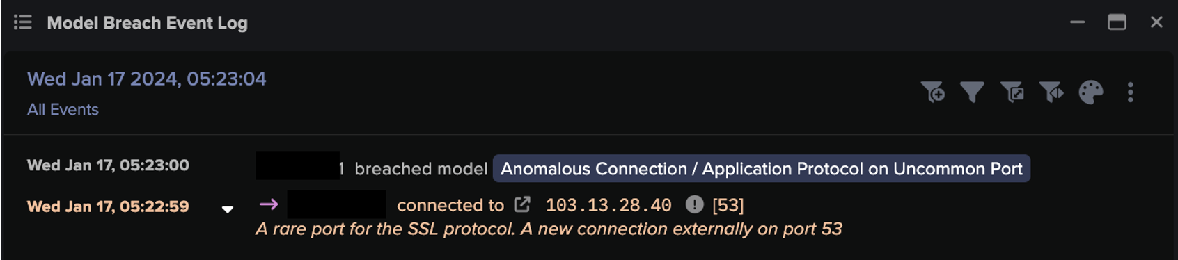 Model Breach Event Log displaying the ‘Application Protocol on Uncommon Port’ DETECT model breaching in response to the unusual use of port 53. 