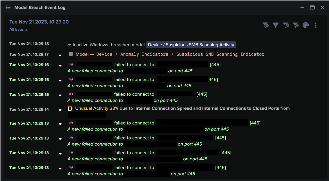 Numerous failed connections from the affected server to multiple other internal devices over port 445, indicating SMB scanning activity.