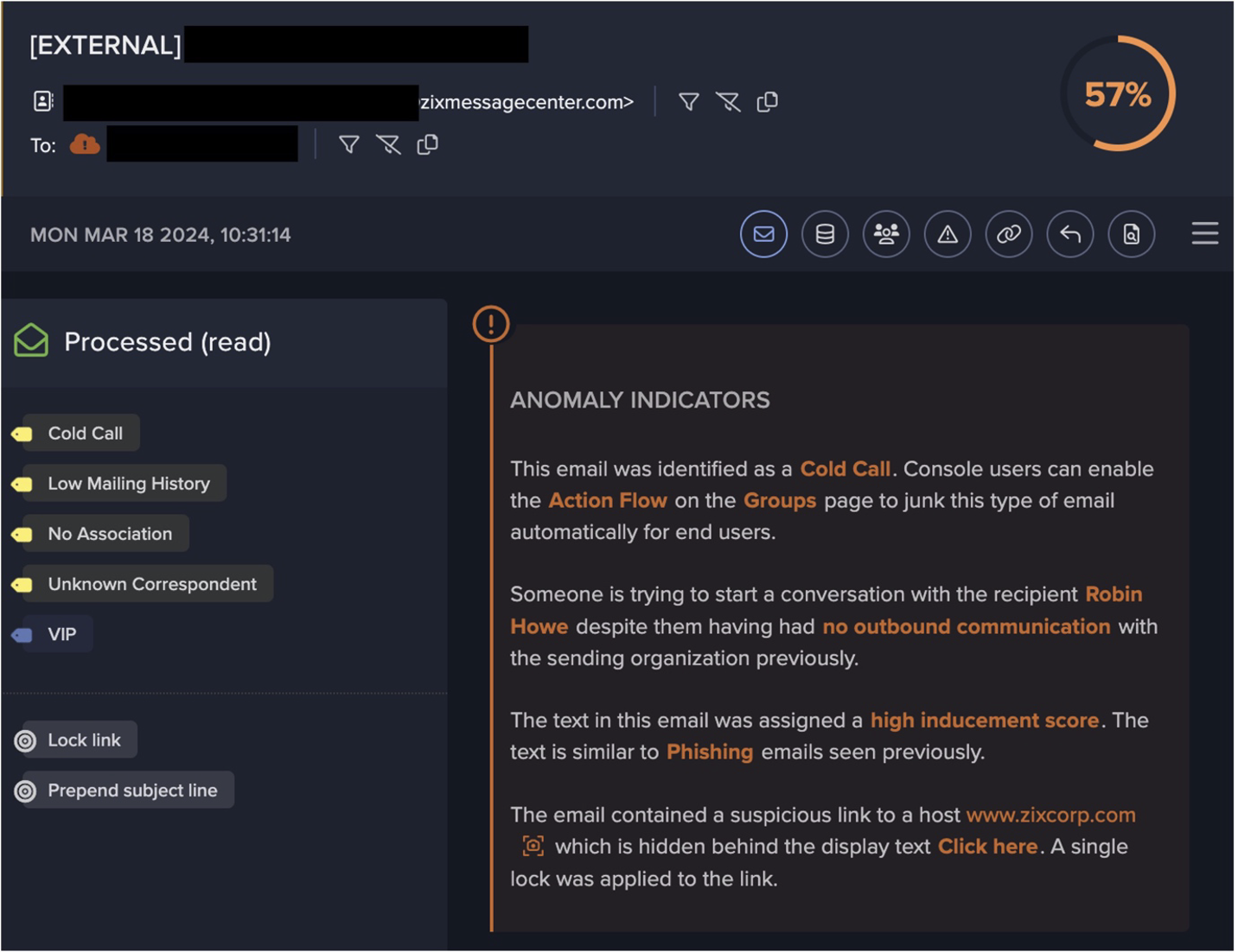 Suspected initial compromise email from an unknown sender, containing a suspicious link, which was locked by Darktrace/Email.