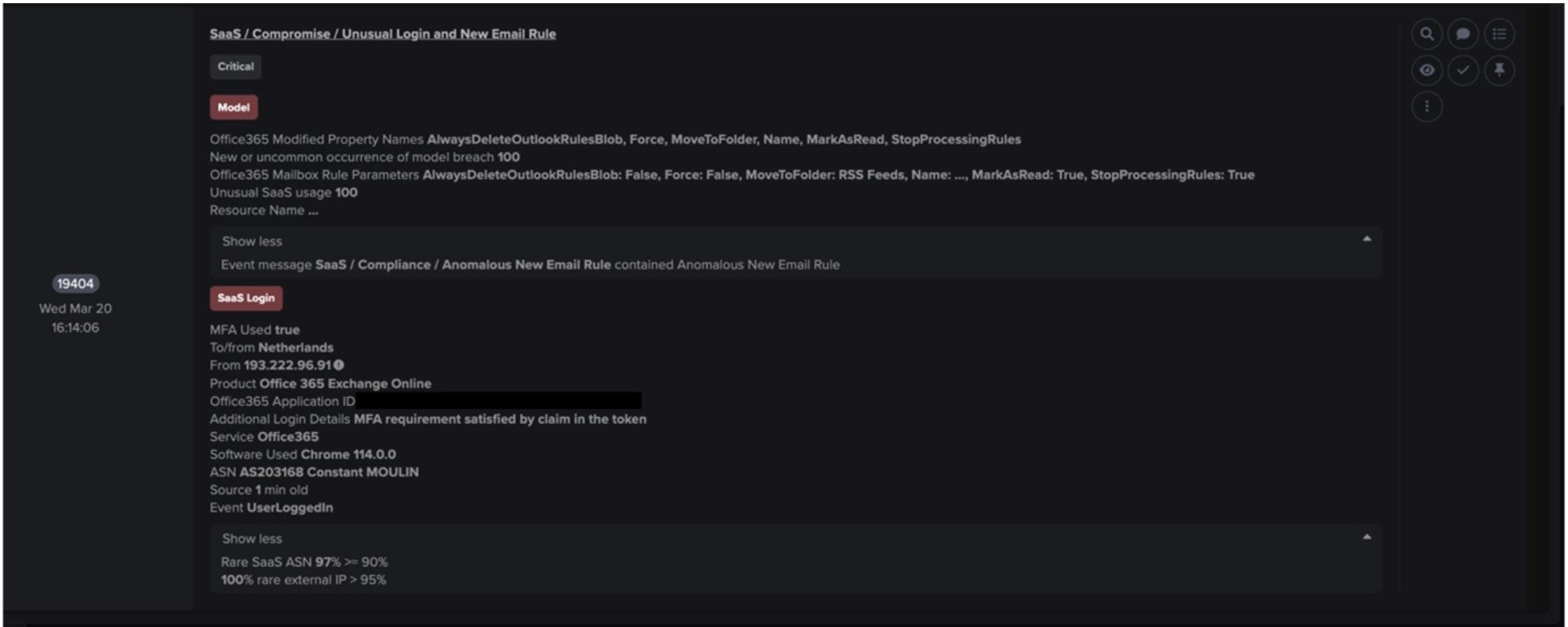 Hijacked SaaS account making an anomalous login from the unusual Netherlands-based IP, before creating a new email rule.