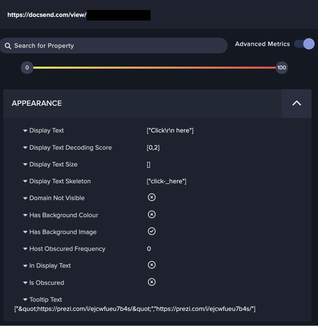 Figure 3: Darktrace/Email detected that the DocSend link displayed via text “Click Here”, was embedded in a Prezi link.