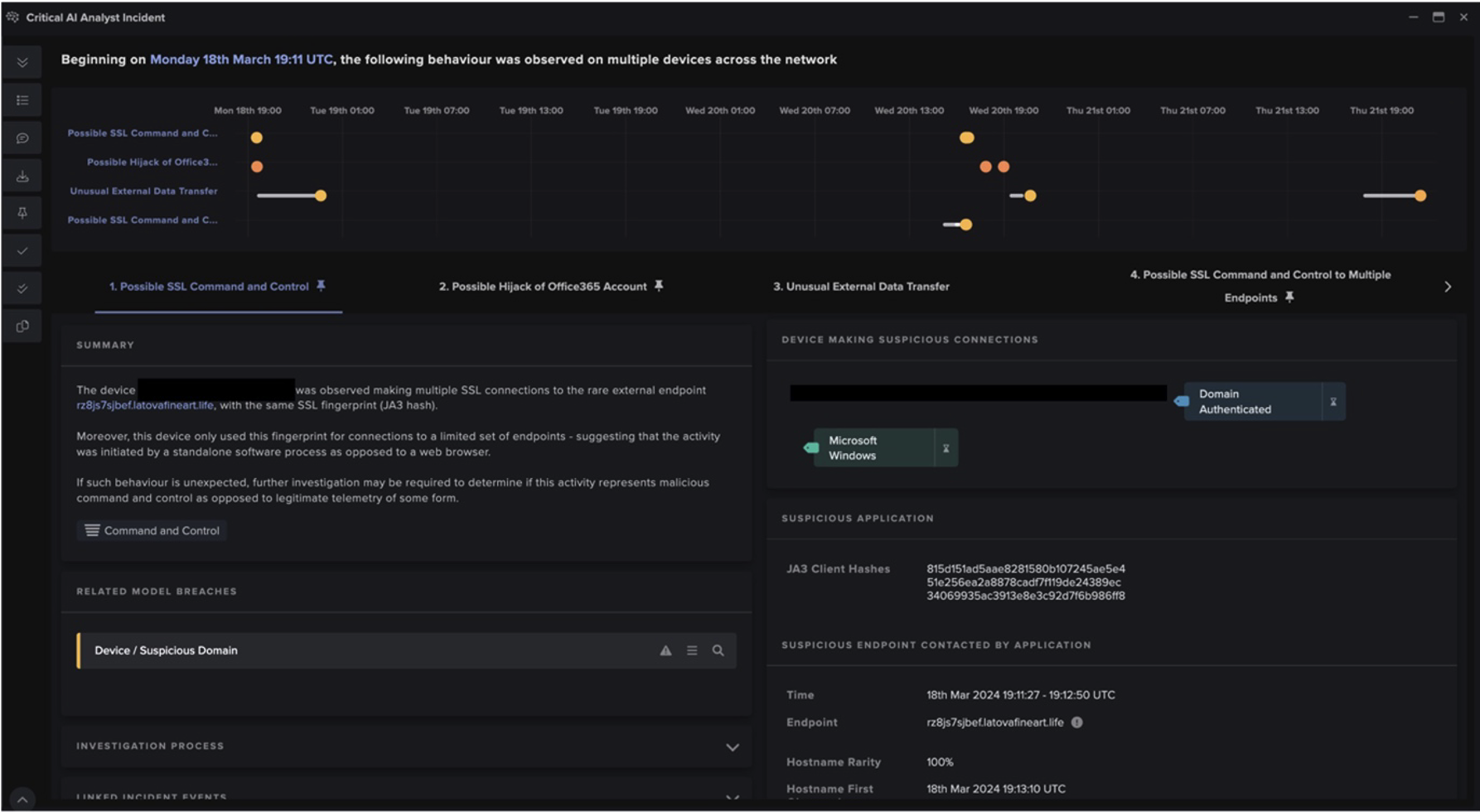 Figure 5: Cyber AI Analyst correlated the attack’s sequence, starting with the initial suspicious domain accessed in the initial email attack vector.