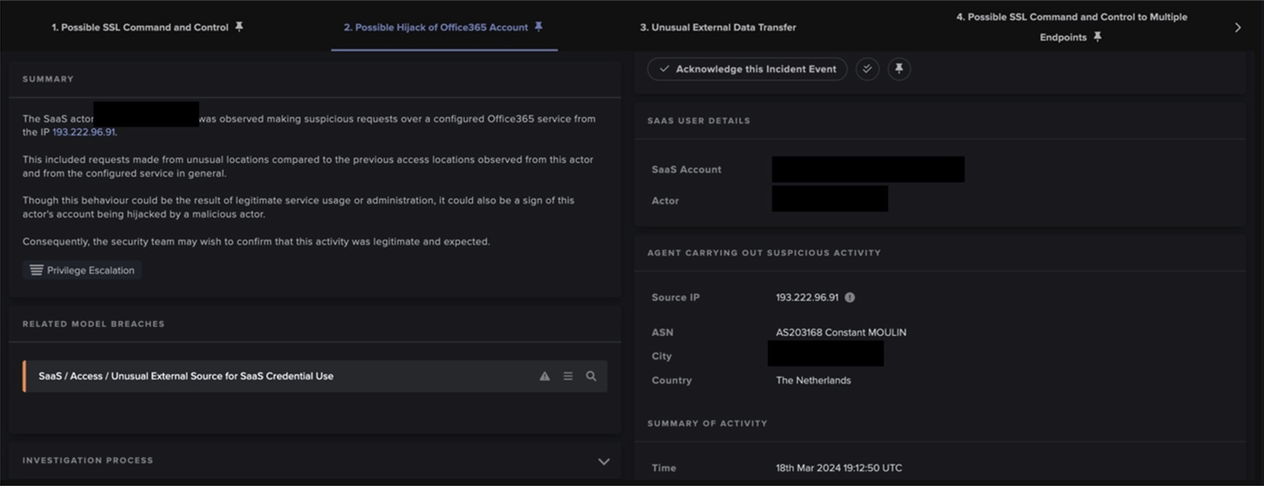 Figure 6: As the attack progressed, Cyber AI Analyst correlated and appended additional events to the same incident, including the SaaS account hijack from the Netherlands-based IP.