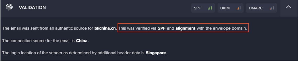 Darktrace/Email identified that the email had been sent by a user who had logged in from Singapore, despite the connection source being in China.