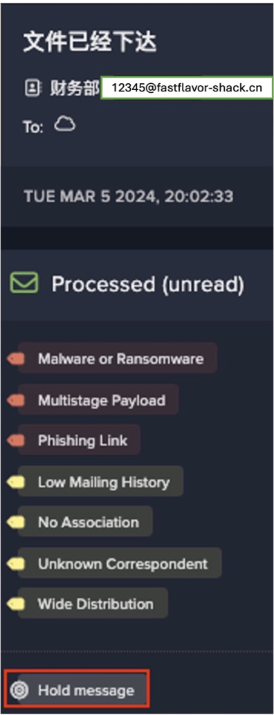 Darktrace/Email took autonomous mitigative action against the suspicious emails by holding the message from recipient inboxes.