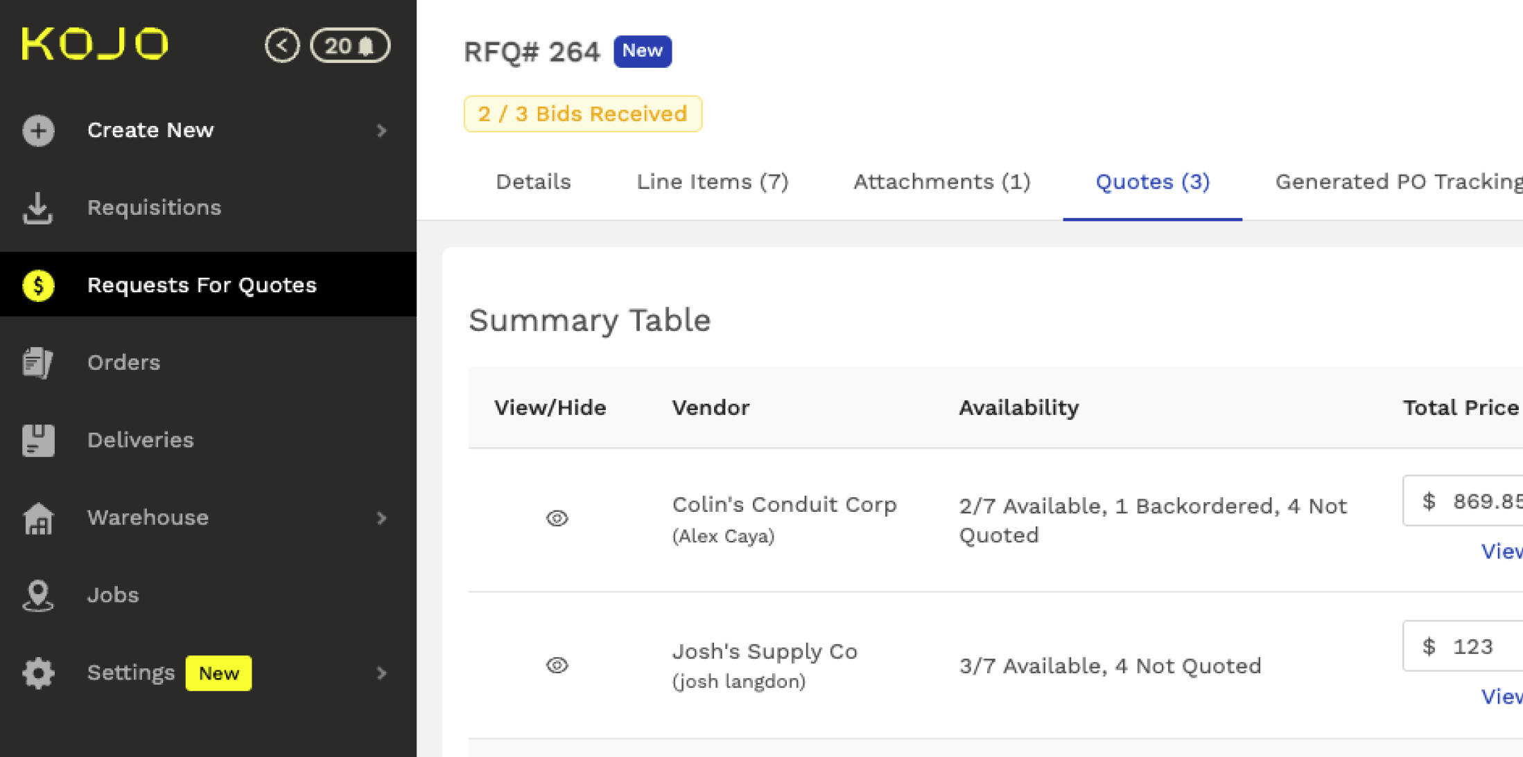 Screenshot of the Kojo software interface