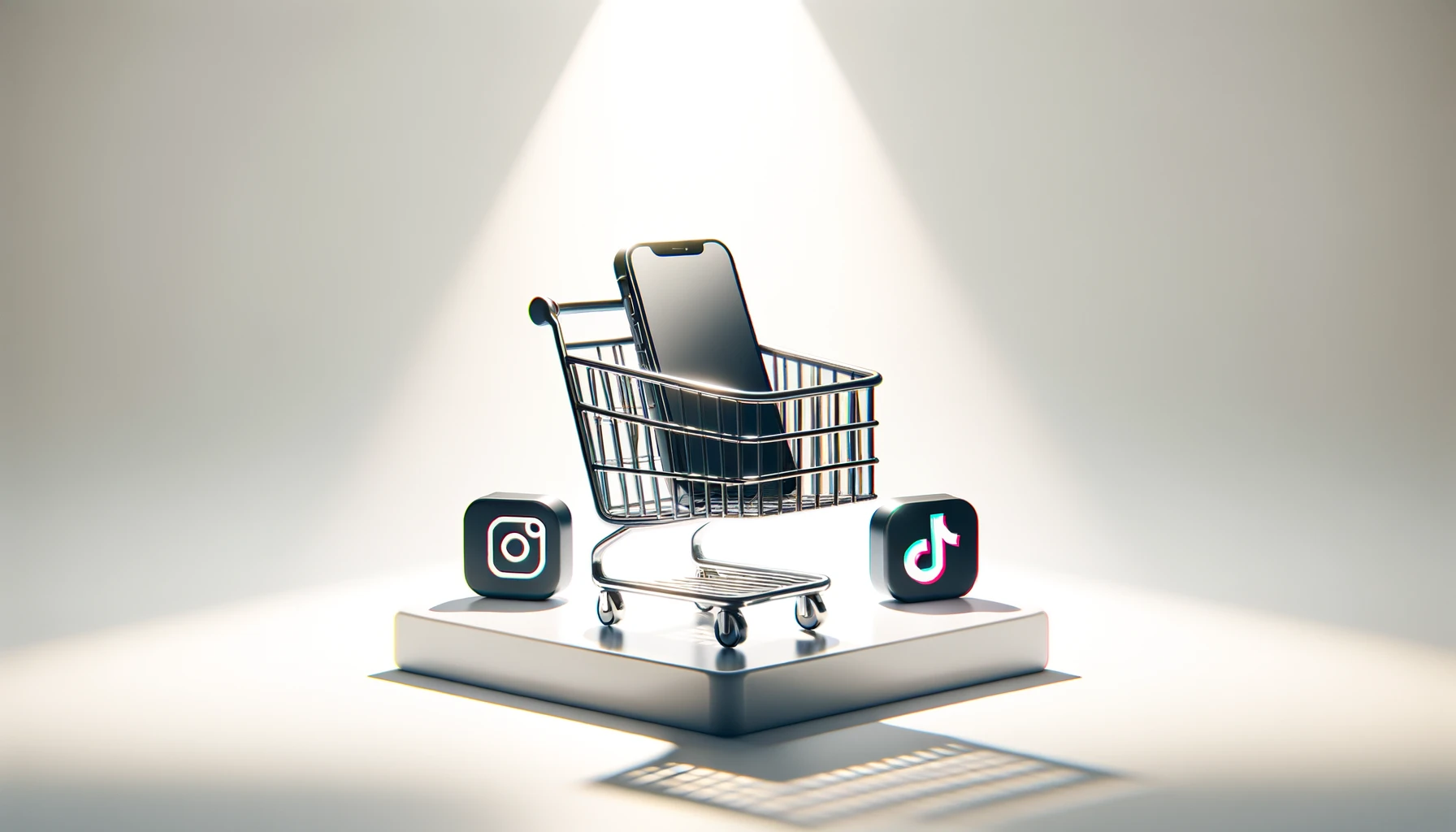 Create a 16:9 minimalist blog hero image featuring a shopping cart with a mobile phone inside it, symbolizing online shopping or e-commerce. The background should be plain white to emphasize the simplicity and focus on the subject. Next to the shopping cart, include stylized representations of the Instagram and TikTok logos, indicating the connection of these platforms to online shopping. The composition should be clean and modern, with the shopping cart and phone centrally placed and the logos subtly positioned to balance the image. The lighting should be bright and even, enhancing the minimalist aesthetic and making the image suitable for a technology or social media-themed blog.