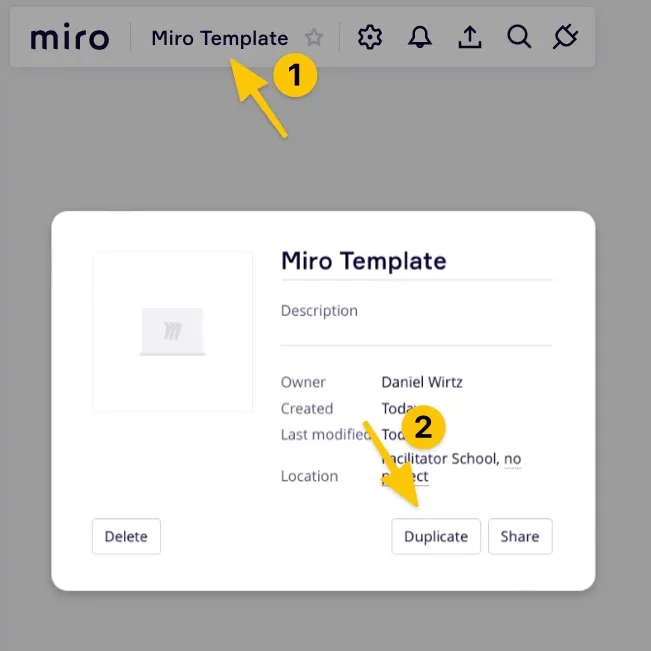 Screenshot explaining how to duplicate a Miro template