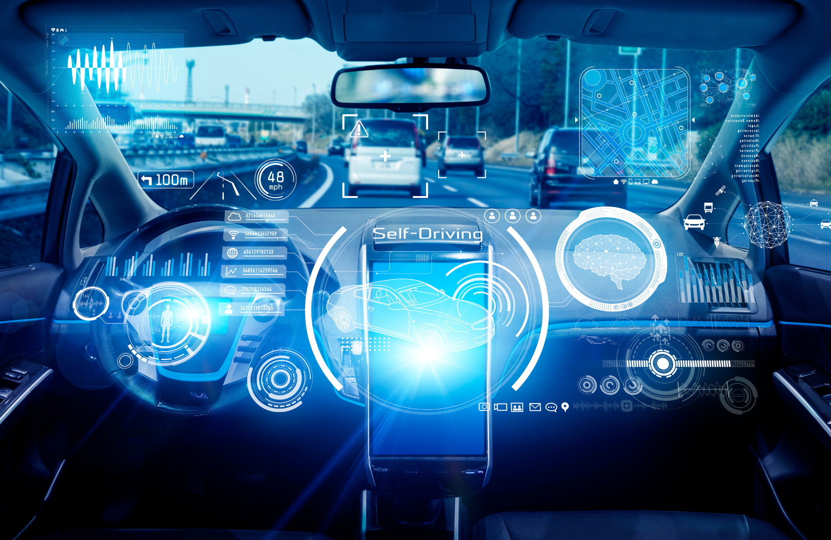interior of autonomous car: driverless vehicle. Self driving.