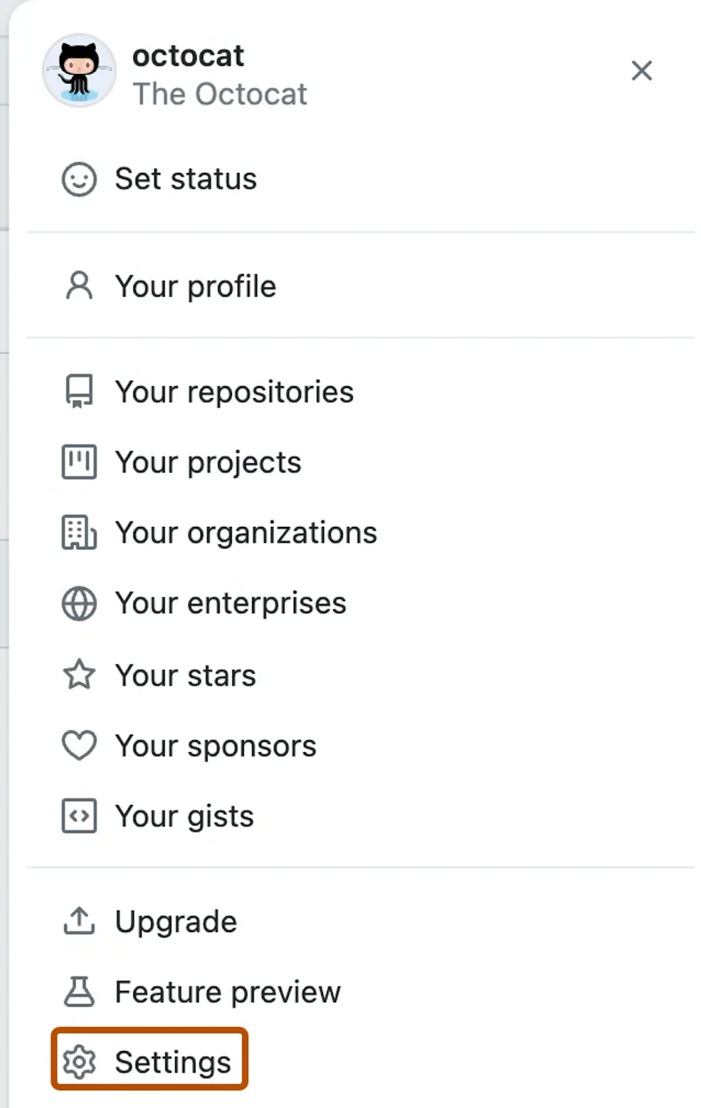 Accessing Settings in your GitHub profile