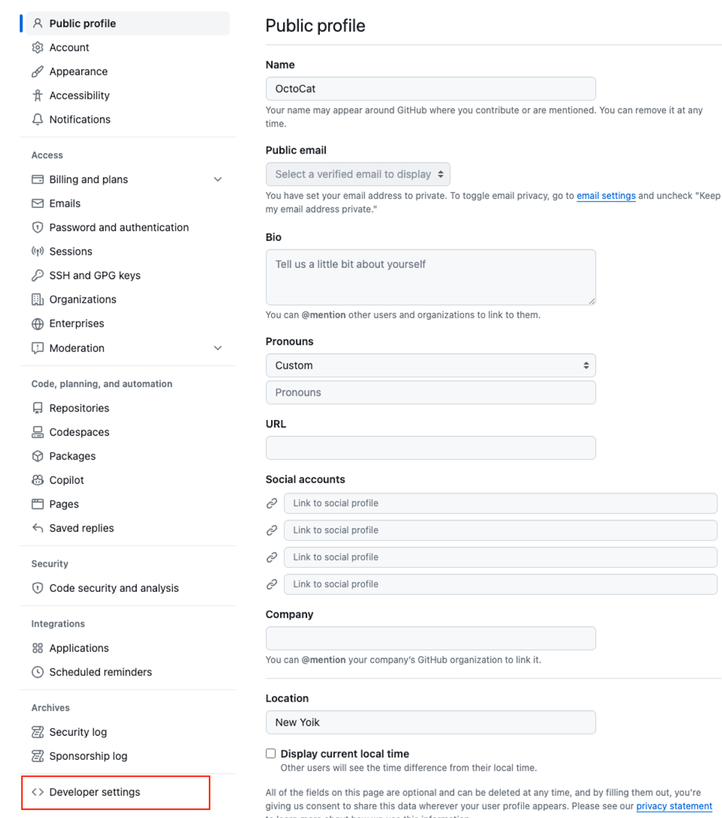 Accessing "Developer settings" in your GitHub profile