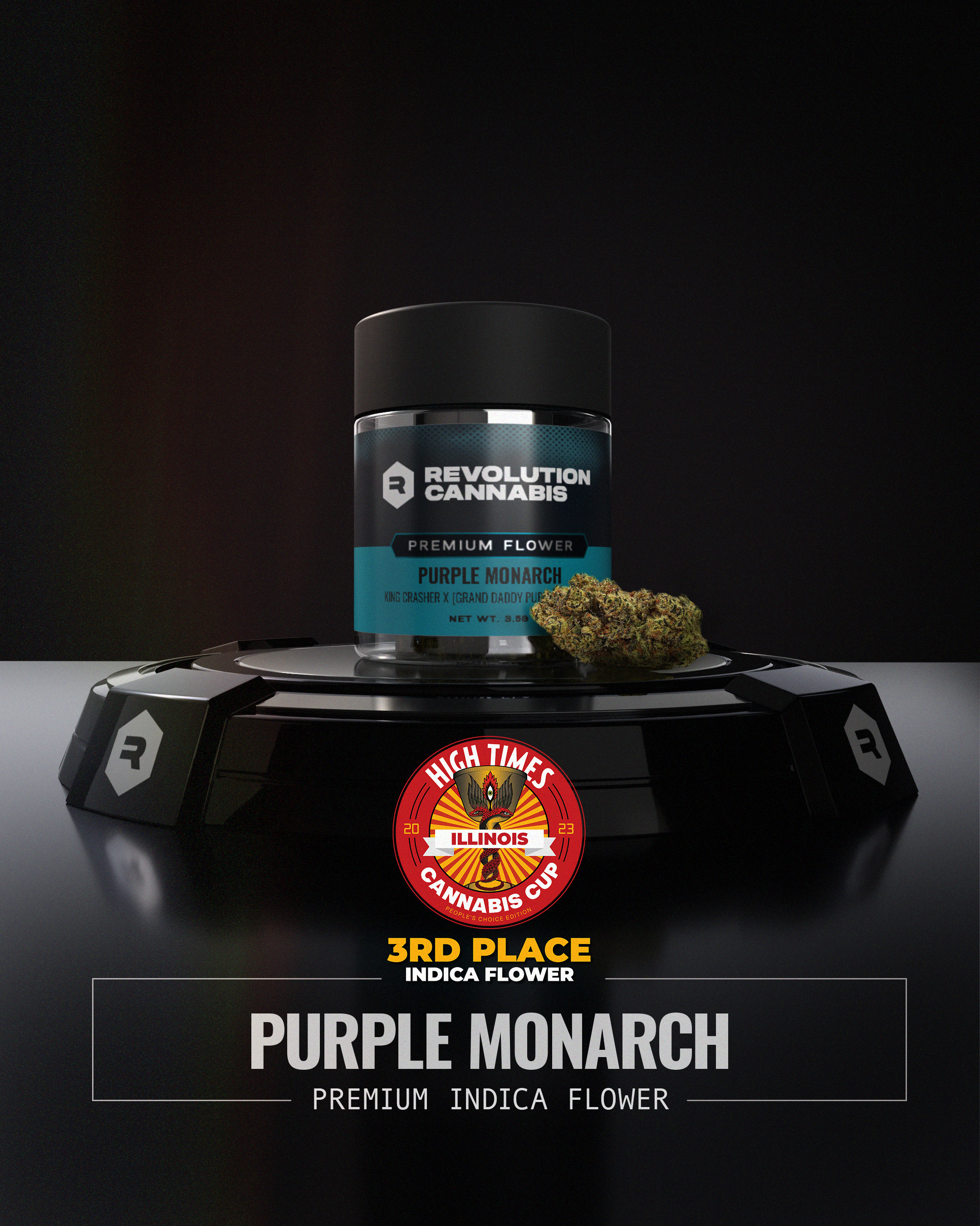 A jar of Purple Monarch with the flower in front of it. 